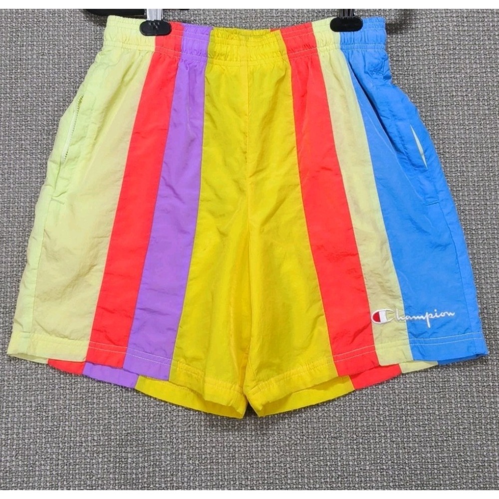 Champion Nylon Warm Up Vertical Stripe Shorts Men's Small Colorblock Mesh Lined